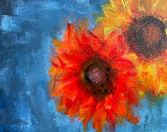 Vibrant orange and yellow sunflower giclee art print titled "Sunshine After Rain." A4 with a white border.
