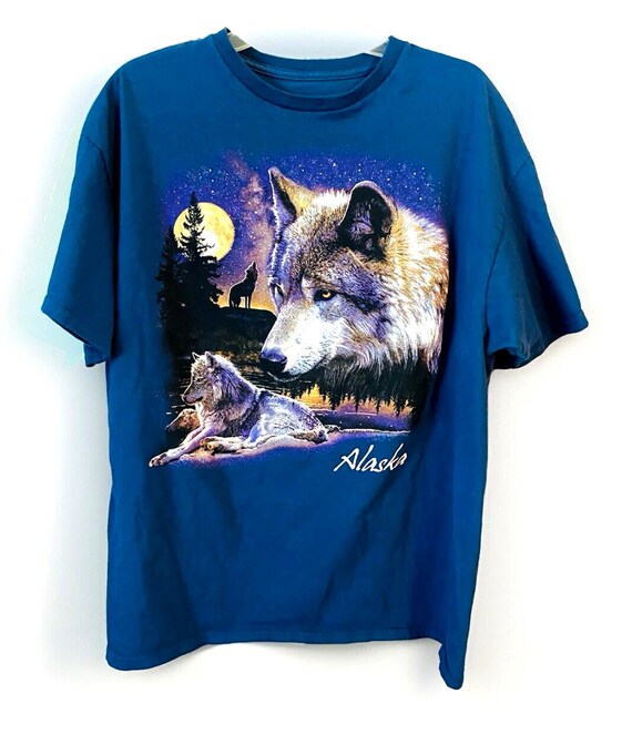 アラスカ ウルフ オオカミ グラフィック Tシャツ ブルー 半袖