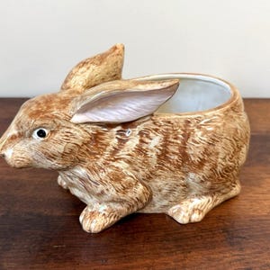 Op de afbeelding: Een keramische plantenbak in de vorm van een hurkend konijn met een bruin en beige textuurpatroon van vacht. Het konijn heeft lange oren, één omhoog gericht en één naar achteren gevouwen, met een gladde witte binnenkant voor diverse objecten.