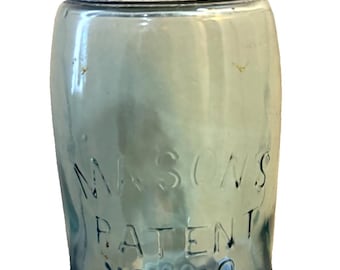 Mason Patent 1858 Quart Jar Antique Aqua Blue Glass Zinc Lid 7 Inch