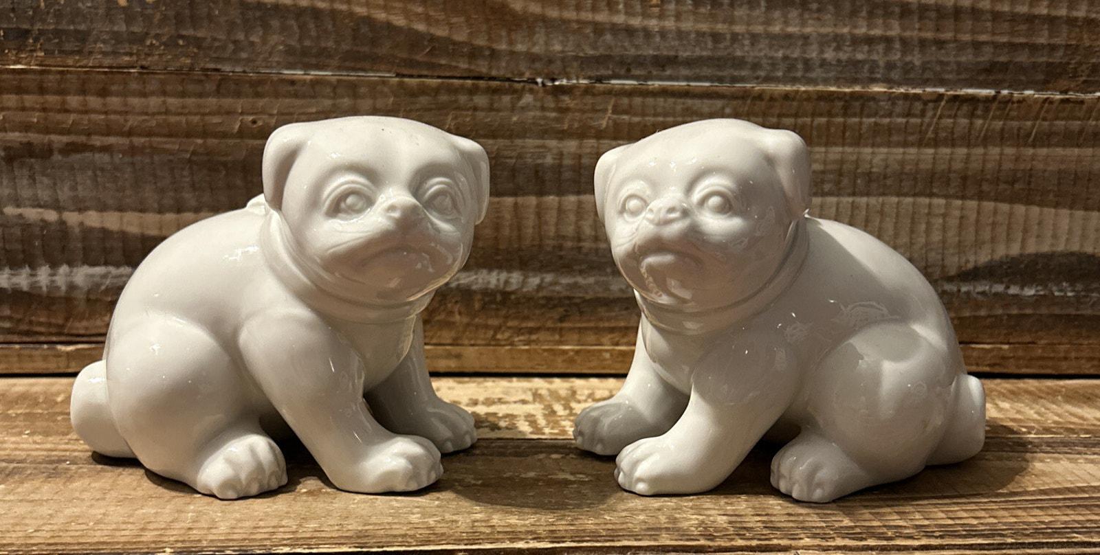 Fitz & Floydの1970年　陶器メールホルダー MAIL 置物 Fitz & Floyd Bulldog Puppy Figurines 1977 White Porcelain Dog Pair