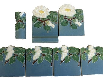 Malibu Potteries Morning Glory Floral Tiles Art Deco Vintage Set of 7 Pieces