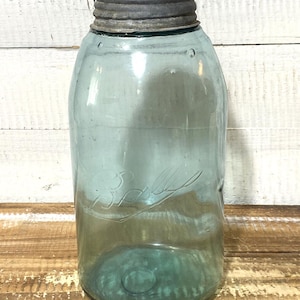 Antique 1900-1910 Blue Ball Mason Jar Bubbles Zinc Lid 9&quot; Tall