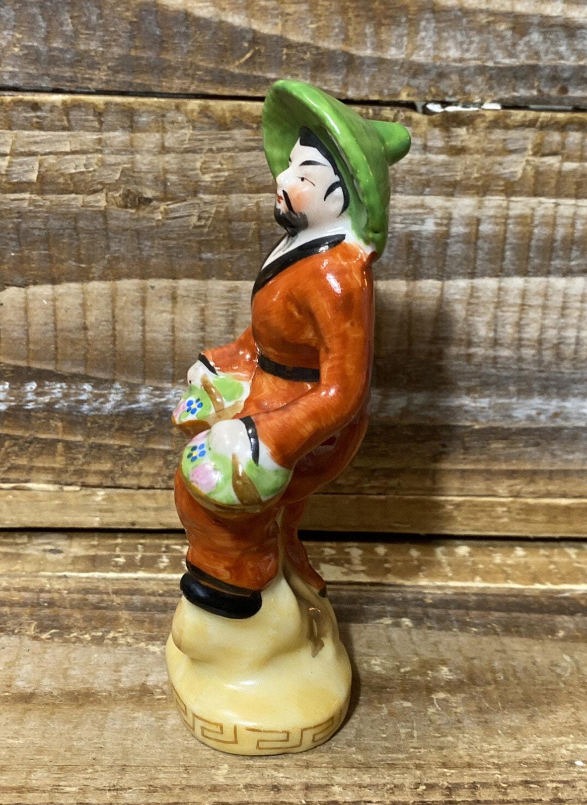Asian Man Carrying Flower Baskets Figurine Occupied Japan Vintage