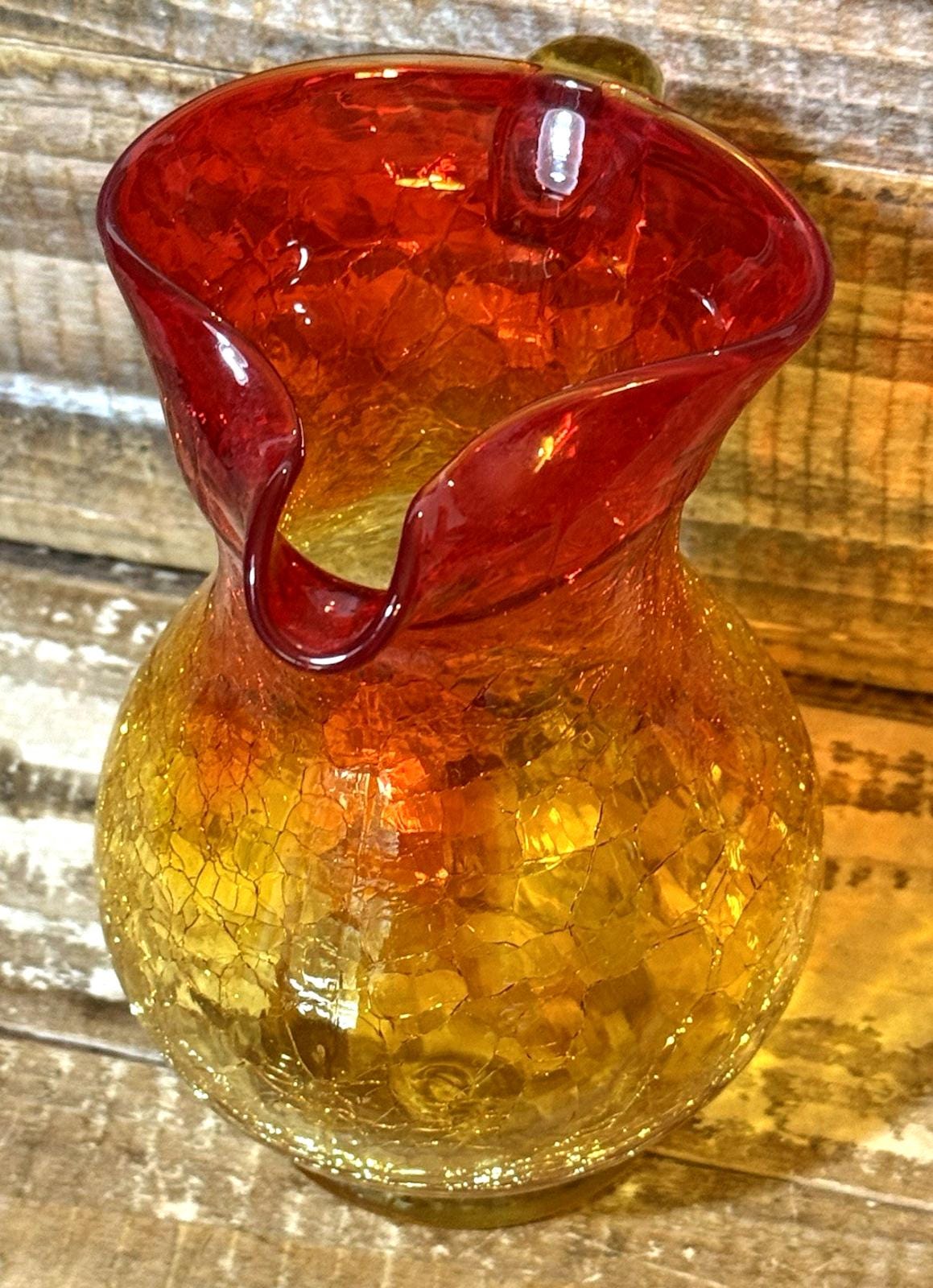 Amberina Crackle Glass Pitcher Vintage Blown Art Glass 6.125