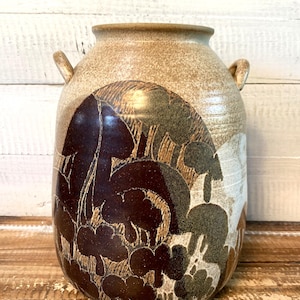 Vintage Crich Pottery England Double Handled Jug Brown Diana Worthy Signed