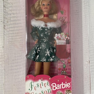 Vintage 1997 New Barbie Festive Season Doll Holiday Theme Green Fur Trim Dress