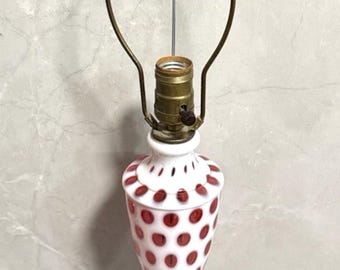 Fenton Cranberry Coin Dot Lamp Opalescent Glass Table Lamp 1950s 24 Inch