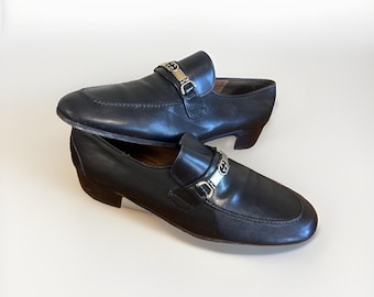 Gucci Interlocking G Loafers Vintage 1970s Men's Black Leather Shoes 10/11