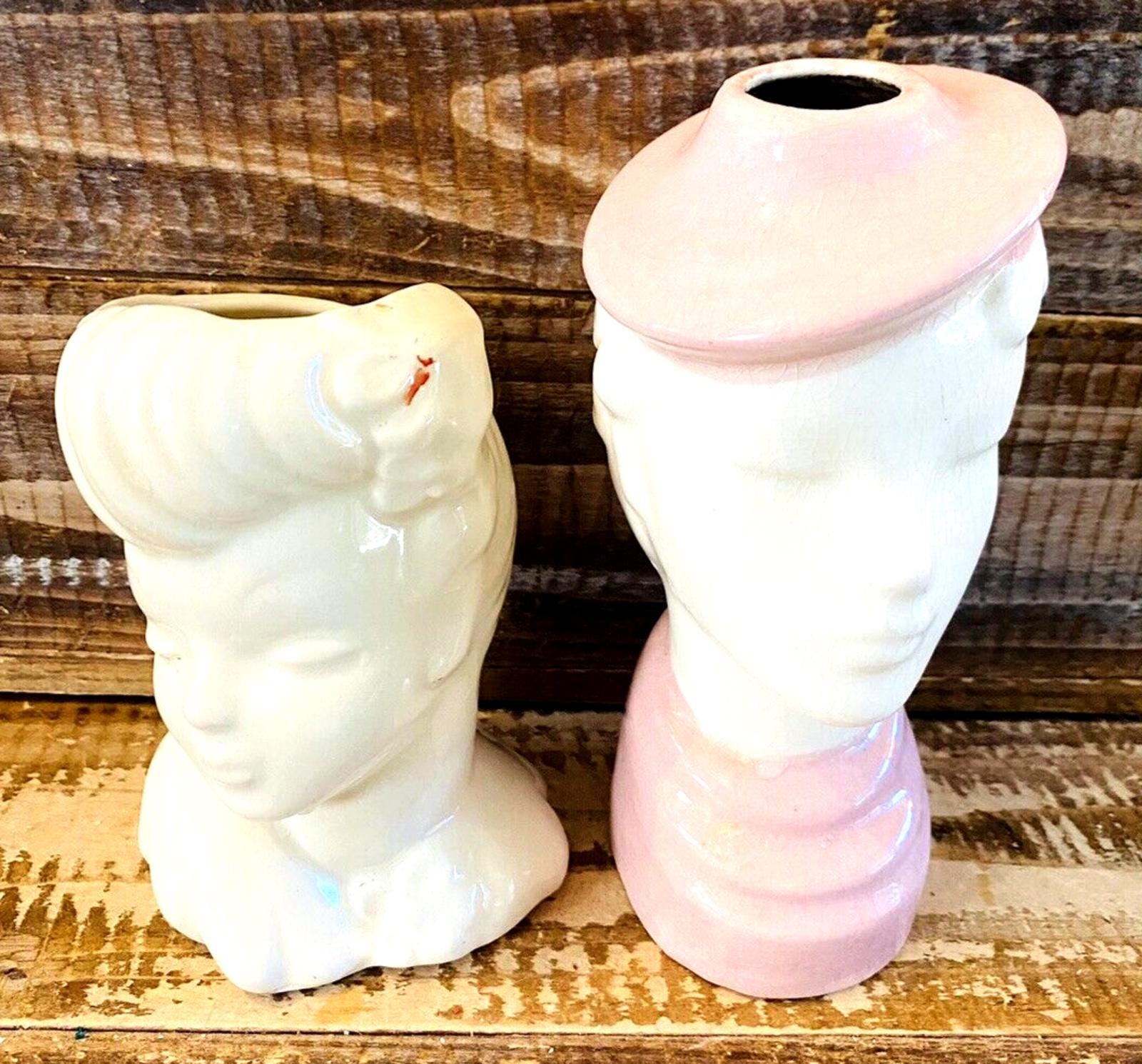 ビンテージ レディヘッドベース 陶器製置物花瓶 紫とイエローのドレス