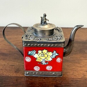 Antique Chinese Pewter Mounted Porcelain Square Teapot Monkey Finial c1900-1930