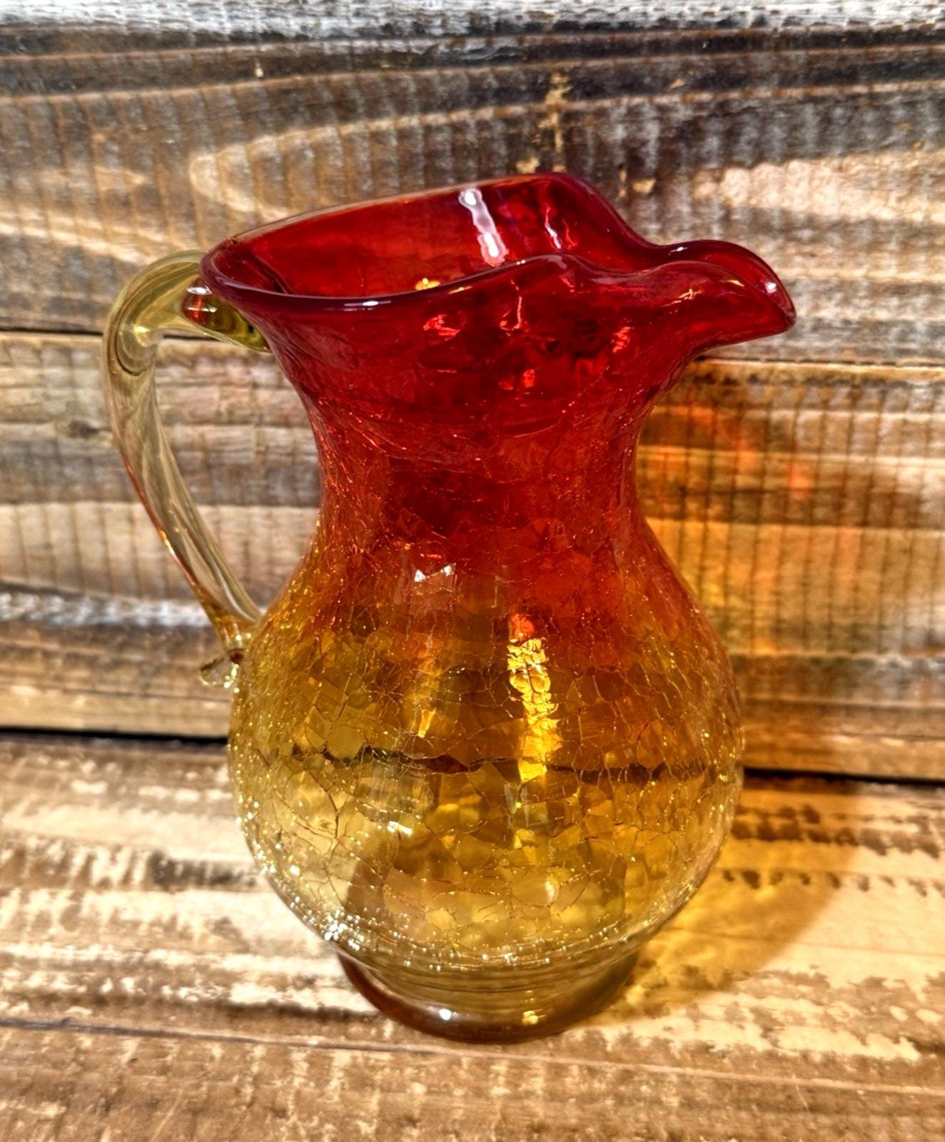 Amberina Crackle Glass Pitcher Vintage Blown Art Glass 6.125