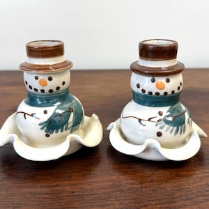 Kovack NC Pottery Snowman Candle Holders Set 2 Signed 1997 Hand Painted 3.25"