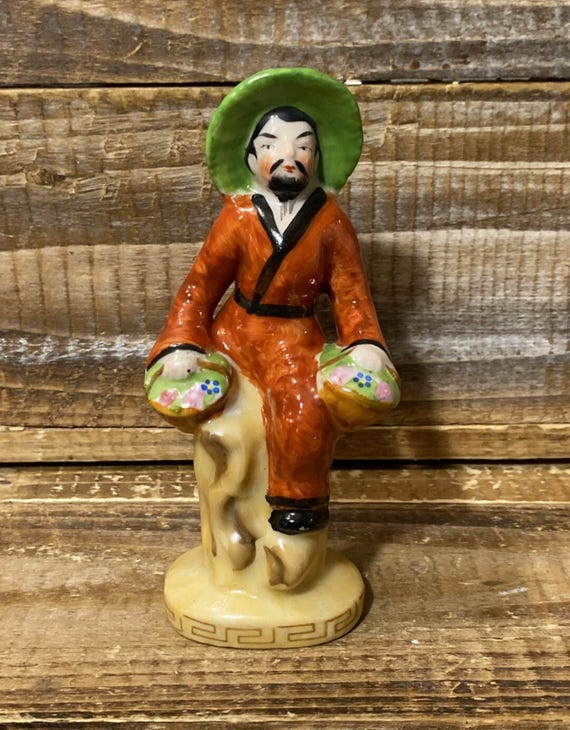 Asian Man Carrying Flower Baskets Figurine Occupied Japan Vintage
