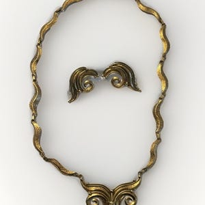 IXEL Necklace w/ Earrings Set Mexico Vintage Gold Brass Brutalist Statement