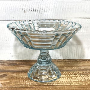 Vintage 1950&#39;s Jeannette Glass Louisa Star Lite Blue Footed Compote Bowl 9&quot; Dia