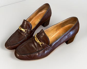 Gucci Horse Bit GG Chunky Heel Vintage 1970's Women’s Leather Shoes 39 1/2 8.5-9