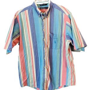 Vintage 1990&#39;s Nautica Pastel Striped Short Sleeve Button Shirt Mens Large