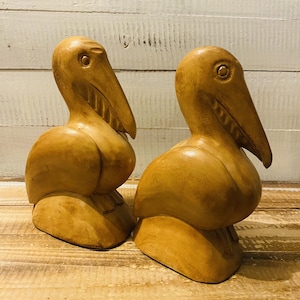 Set of 2 Vintage Hand Carved Wooden Pelican Birds Figures 8&quot; Tall
