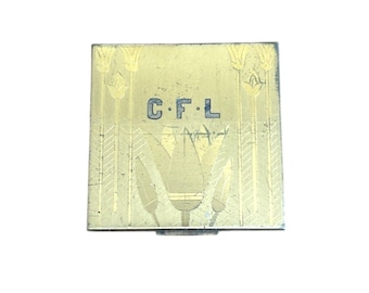 Art Deco Elgin American Brass Compact Case Vintage Egyptian Revival Lotus 2.75”