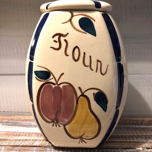 Vintage Purinton Slipware Keramik bemalt Apfel & Birne Kanister Mehl USA Blau