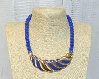 Monet Statement Necklace Gold Tone & Navy Blue Enamel Vintage 1990's