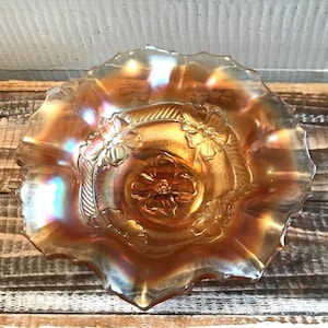 Antique 1920s Dugan Apple Blossom Orange Marigold Carnival Glass Bowl