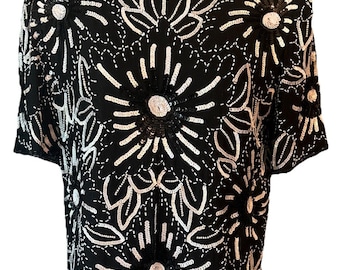 Stenay Floral Beaded Sequin Top Blouse Silk Vintage 1980's Black &White
