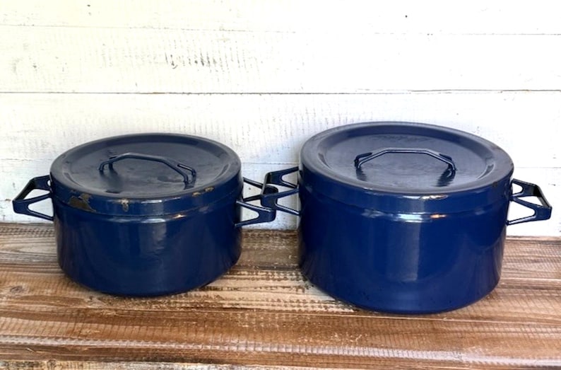 Finel Arabia Seppo Mallat Blue Enamel Pot Set With Lids Mid Century Modern image 1