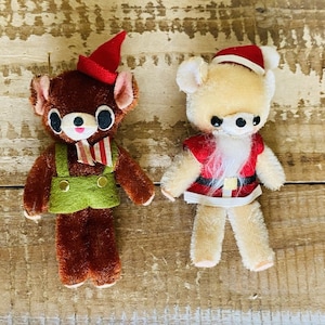 Set of 2 Vintage Flocked Teddy Bear Christmas Ornaments