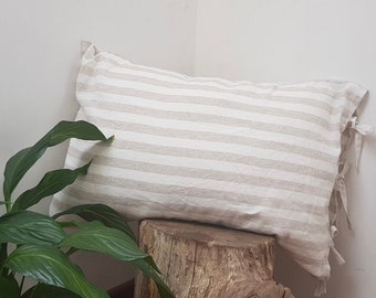 Striped beige and white pillowcase - Envelope closure pillowcase - Natural - Organic - Softened linen - Various sizes - Customized
