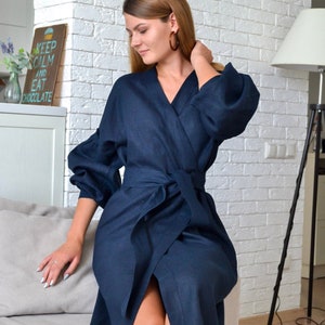Marineblauwe overslagjurk donkerblauwe jurk vrouwen omslagjurk linnen schortjurk knielange linnen jurk jurken met lange mouwen omslagjurk voor vrouwen