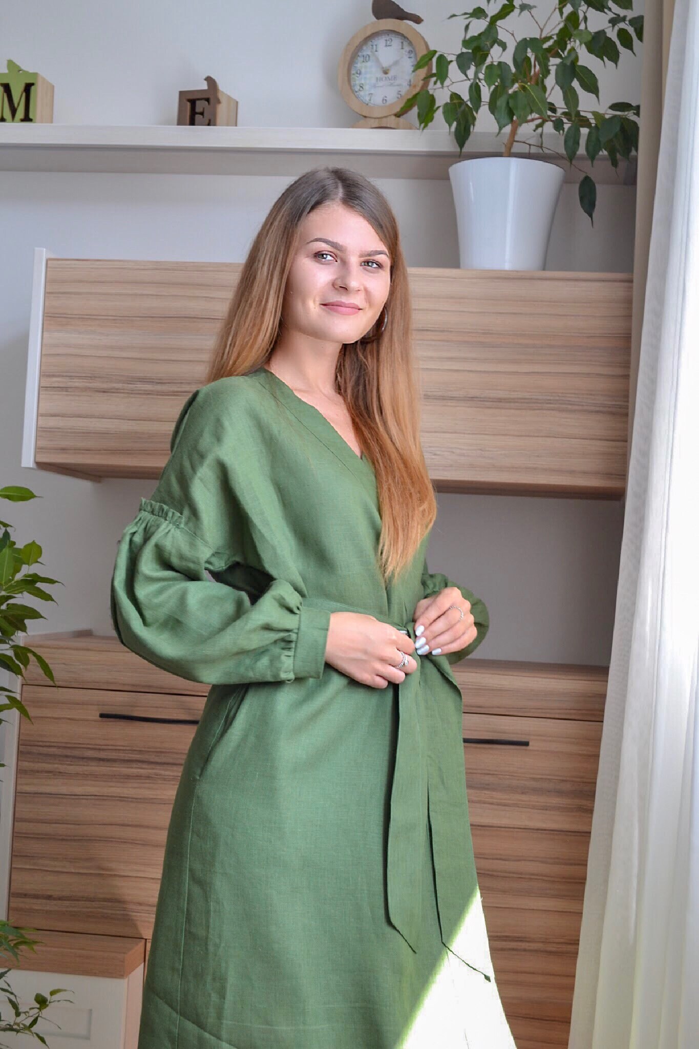 army green wrap dress Wandoria Ladies'army Green,Summer,Boho,Holiday,Vacation,Holiday Solid Color Waist Shirred A-Line Dress,Split Thigh Short Sleeve V Neck Regular Fit Maxi Dresses