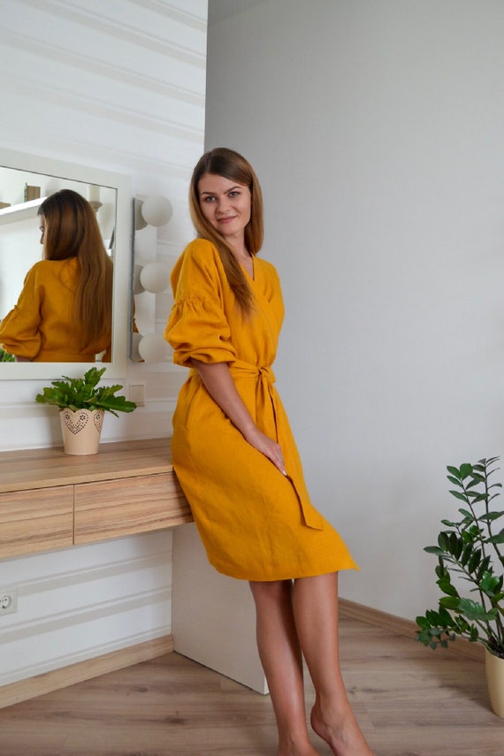 Mustard Linen Wrap Dress for Women With Pockets and Long Sleeve - Etsy