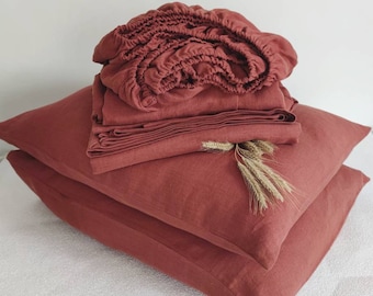 LINEN SHEET SET Fitted sheed, flat sheet and 2 pillowcases Terracotta color Organic linen bedding Full Queen King Twin sizes