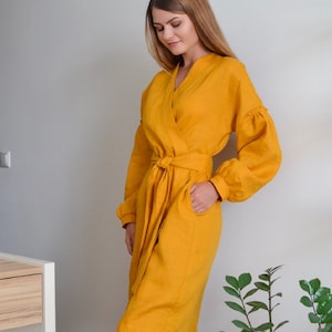 Mustard linen dress - amber dress - Women wrap dress - Linen apron dress - Knee length - Long sleeve