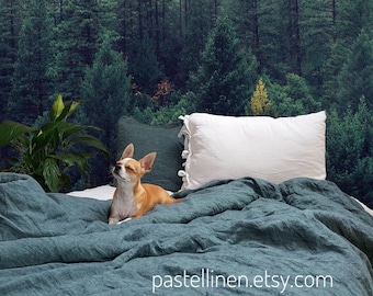 Linen BEDDING SET - 2 pillowcases and duvet cover - Green duvet set - Natural bedding - Full -King - Queen size - Organic - Melange- green
