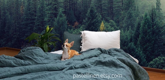 Linen Bedding Set 2 Pillowcases And Duvet Cover Green Etsy