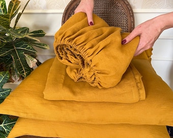 LINEN SHEET SET  Fitted sheet flat sheet and 2 pillow cases Mustard color Organic linen bedding Full Queen Twin sizes Christmas Gift