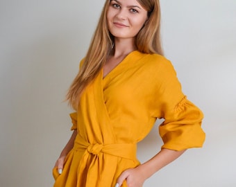 mustard linen wrap dress Yellow Linen Wrap Dress with Cascading Ruffles 3/4 Sleeve Maxi Dress for Women Handmade Boho Linen Gown Spring Fall Dress Custom Dress