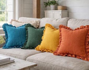 Linen Pillow Case with small ruffles /Softened pillow case/ linen pillow covers/ housewarming gifts, US Queen, King, Standard