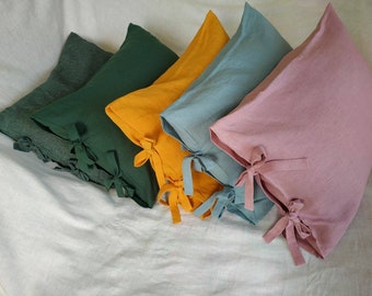 Linen pillowcase with Ribbon, Ties- Envelope closure pillowcase - Natural - Organic - Rustic -Stonewashed Linen - Pillow case - Customized -