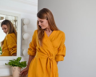 Mustard linen wrap dress for women with pockets and long sleeve