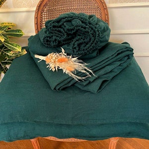 LINEN SHEET SET 2 sheets and 2 pillowcases  Dark forest green color Organic linen bedding Full Queen King Twin sizes