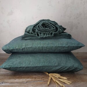 LINEN SHEET SET  Fitted sheet flat sheet and 2 pillow cases Melange green color Organic linen bedding Full Queen Twin sizes Christmas Gift