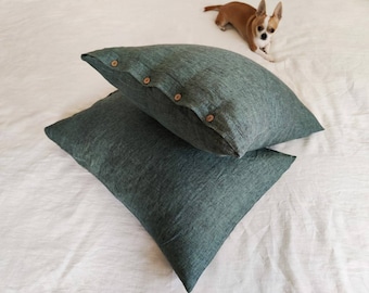 Dark forest linen pillowcase with coconut buttons for Nicole - Envelope closure pillowcase - Natural - Organic - Softened linen