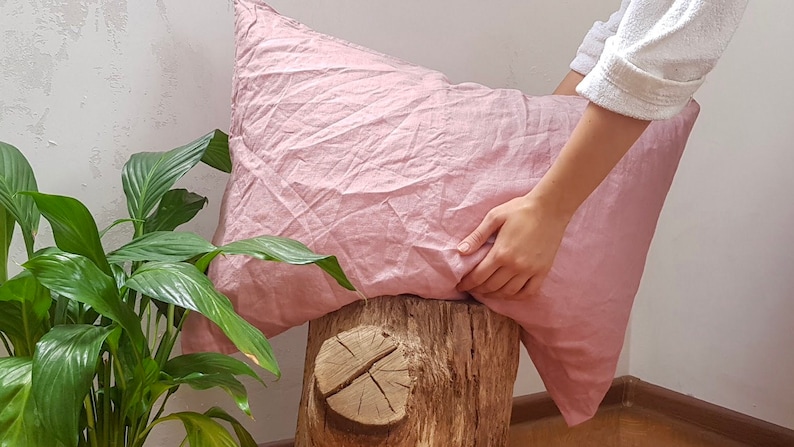 Funda de almohada de lino rosa empolvado - Funda de almohada con cierre de sobre - Natural - Orgánica - Lino suavizado - Varios tamaños - Rosa empolvado imagen 3