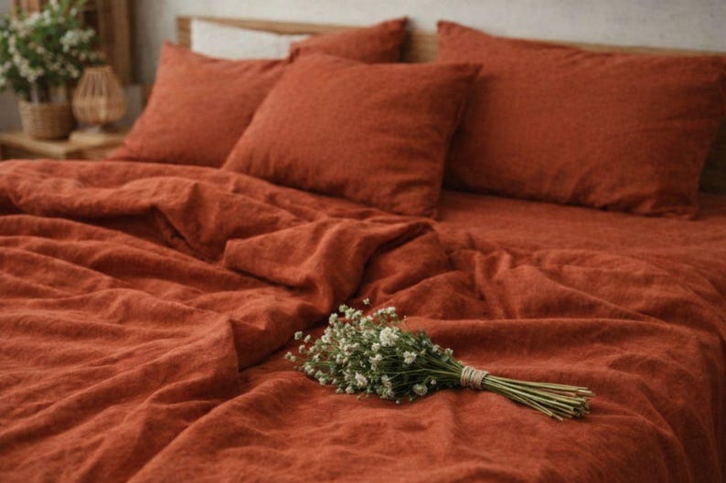 Terracota / Naranja quemado / Lino orgánico FUNDA NÓRDICA: Tamaños matrimonial, queen, king, twin y doble Navidad imagen 6