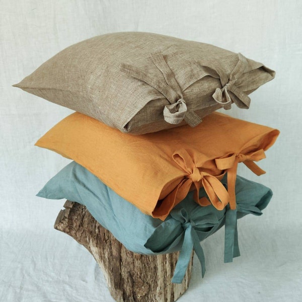 Linen pillowcase with ribbon - Envelope closure pillowcase - Natural - Organic - Softened linen - Pillow case - Customized -