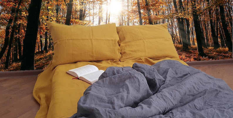 Mustard Yellow And Grey Linen Bedding Set 2 Pillowcases And Etsy